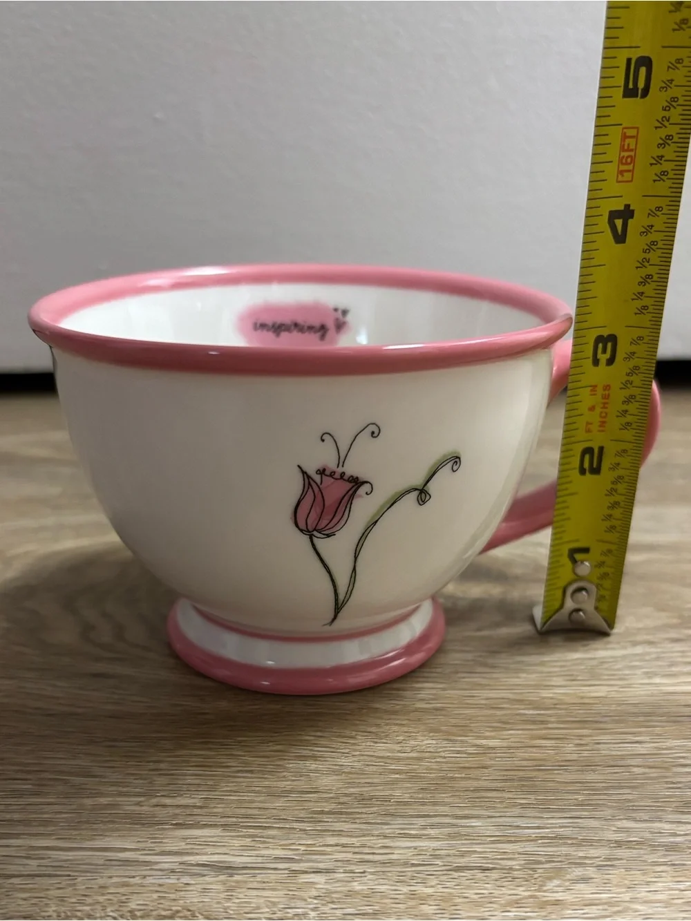 Starbucks Cream Ceramic Teacup with Pink Trim and Floral Motif